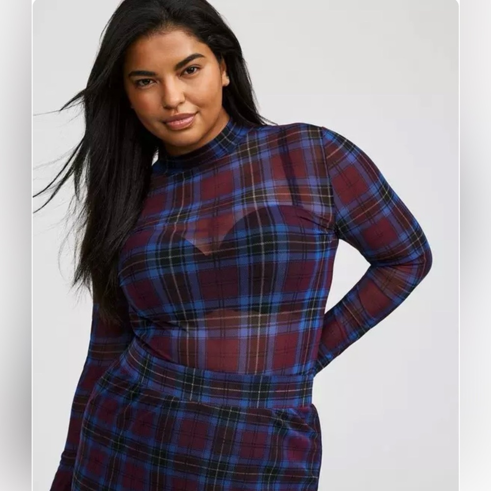 Torrid Mesh Mock Neck Long Sleeve Top Blue & Burgundy Size 4 NWT